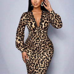 Robe mi-longue fendue pour femme, imprimé léopard et manches longues