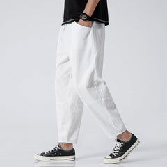 Pantalon sarouel court décontracté ample en coton et lin