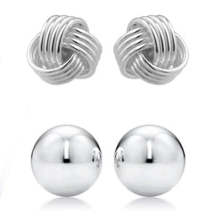 2-Pairs: Sterling Silver Love Knot and Ball Stud Earring Set