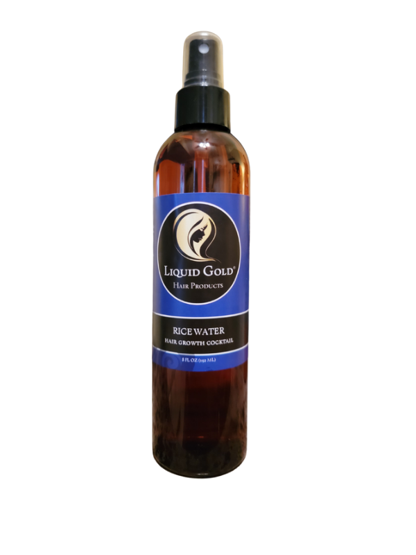 Liquid Gold 8oz spray bottle of rice water hair growth cocktail for longer, healthier hair.