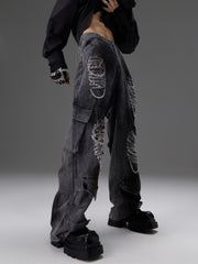 Jean de travail décontracté rétro en denim délavé, avec perles et pièces métalliques