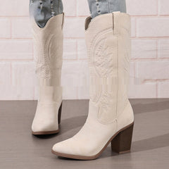 Autumn New Pointed Mid Heel High Tube Embroidered Denim Boots