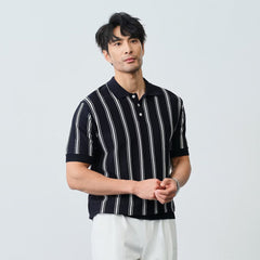 Chemise tricotée rayée pour homme, sans manches, à col à revers