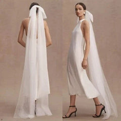 New Minimalist White Double-layer Tulle Bridal Veil With A Bow