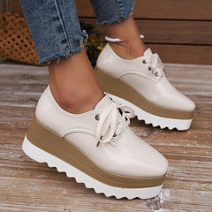Womens Lace-up Square-toe Patent Leather Platform Wedge Heels