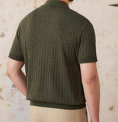 Camisa de manga corta de mezcla de lino, con solapa, cremallera y rayas hundidas