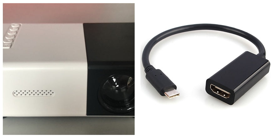 USB-C to HDMI adapter cable accessory shown next to a 1080p mini projector.