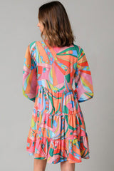 Multicolored Printed Long Sleeve Tie Neck Mini Dress Playful Statement Piece Charming Colored Dress