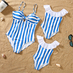 Maillot de bain parent-enfant à rayures bleues et blanches