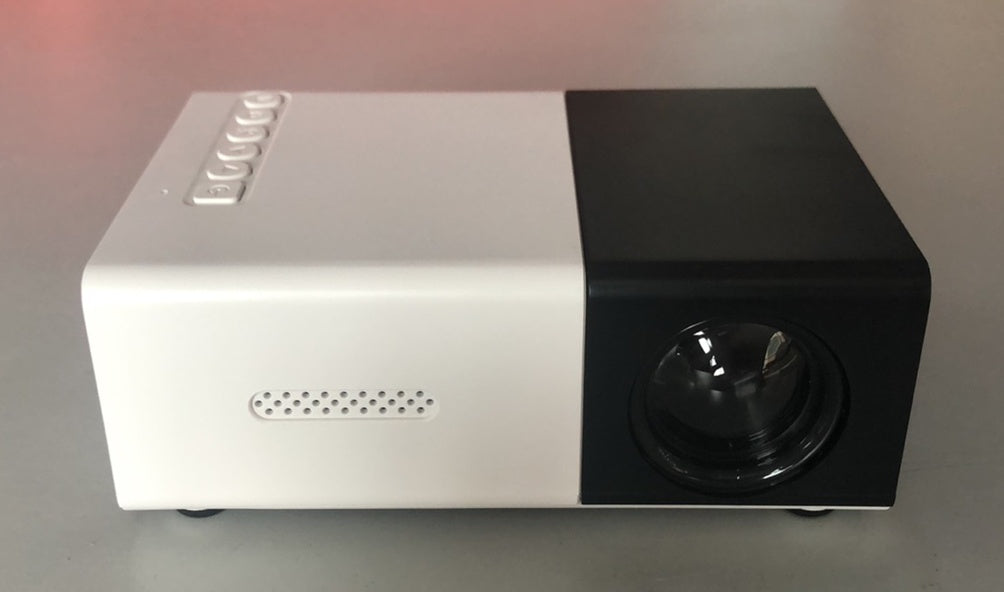 Black and white 1080p mini projector featuring a sleek design with top control buttons and a front projection lens.
