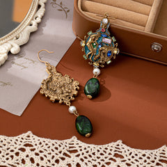 Portrait-pattern Pearl Enamel Gemstone Earrings