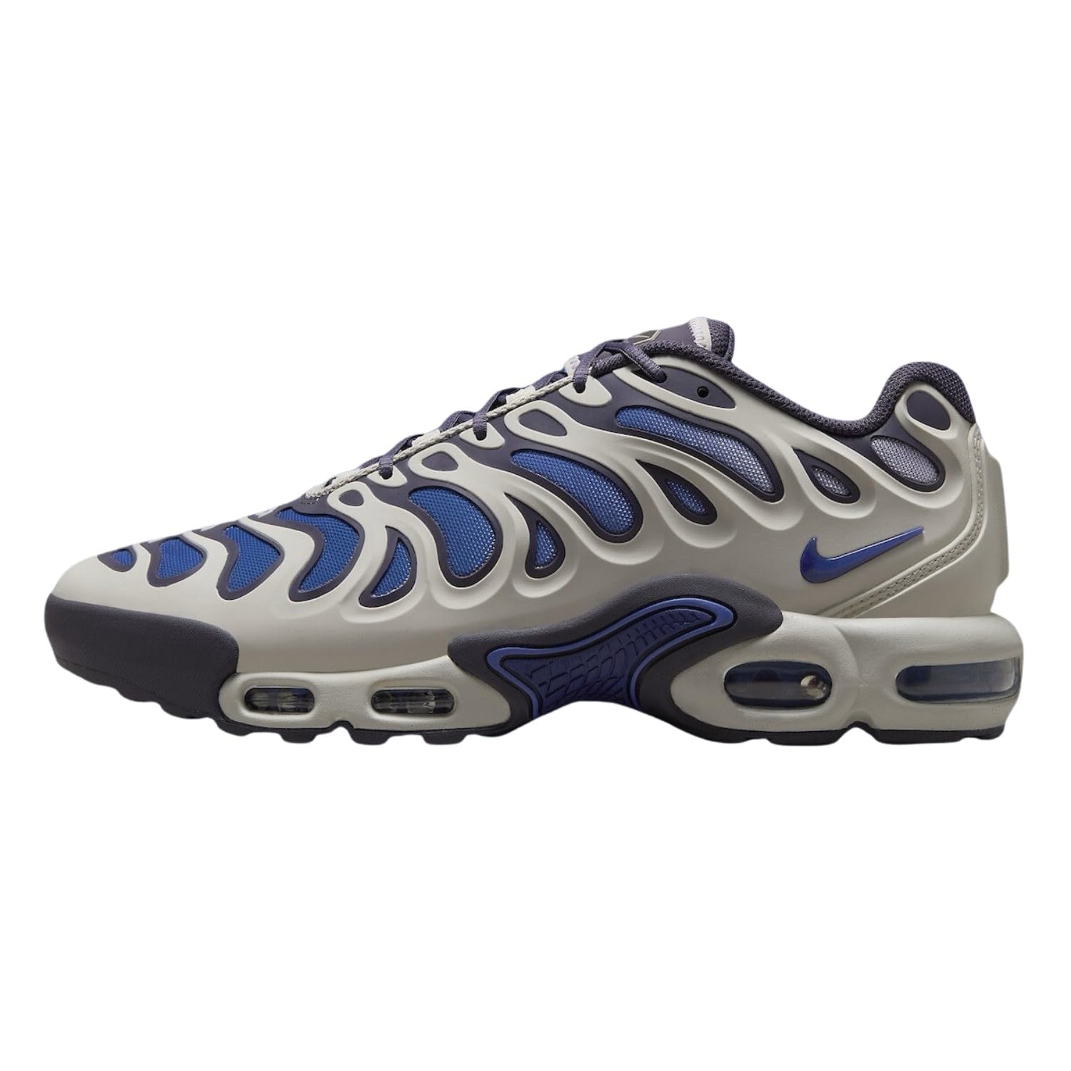 Side view of Nike Air Max Plus Drift mens shoes in Light Iron Ore and Persian Violet.