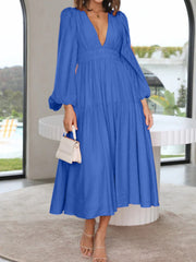 Lightweight Deep V-Neck Balloon Sleeve Maxi Dress Elegant & Flowing Silhouette Unique Dress