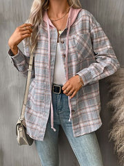 Chaqueta de mujer con capucha, botones y mangas largas a cuadros, prenda acogedora y elegante de mezcla de algodón