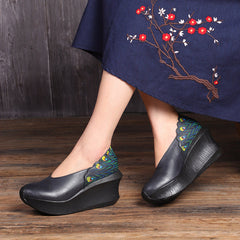 Hand-Painted Peacock Feather Platform Wedge Vintage Leather Shoes
