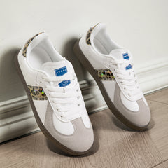Womens Style White Lace Up Casual Sneakers With A Leopard Print Flat Sole
