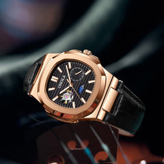 High-Quality Mechanical Watch Sun Moon And Stars Design Waterproof Leather Strap