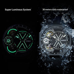 Mens Watch Tonneau-shaped Skeleton Dual-movement Quartz Wristwatch