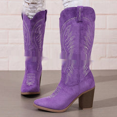 Autumn New Pointed Mid Heel High Tube Embroidered Denim Boots