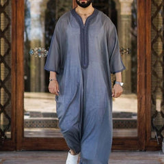 Robe musulmane décontractée et ample en lin et coton gris pour jeune