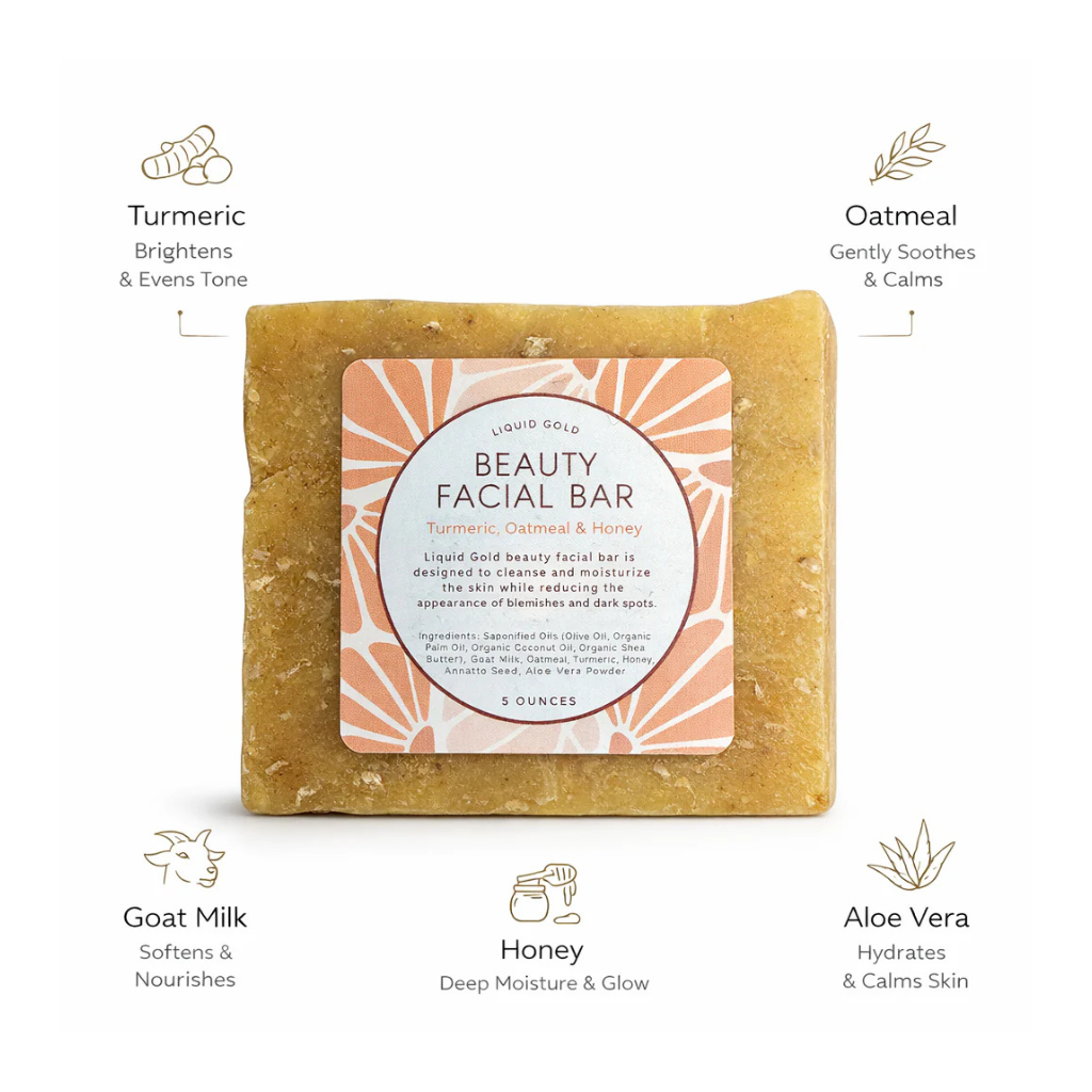 Liquid Gold turmeric honey facial bar surrounded by its key ingredients: turmeric, oatmeal, goat milk, honey, and aloe vera.