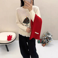 Pull thermique pour femme avec imprimé sapin de Noël et empiècements en dentelle, style preppy