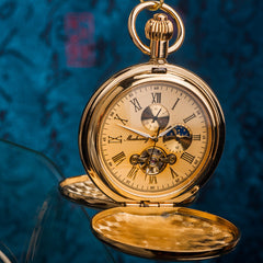 Montre à gousset mécanique à clapet à double ouverture en cuivre pur, soleil, lune et étoiles