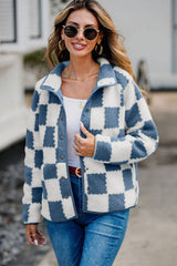 Elegant Checkered Snap Down Long Sleeve Teddy Jacket Soft & Warm Colorful Jacket