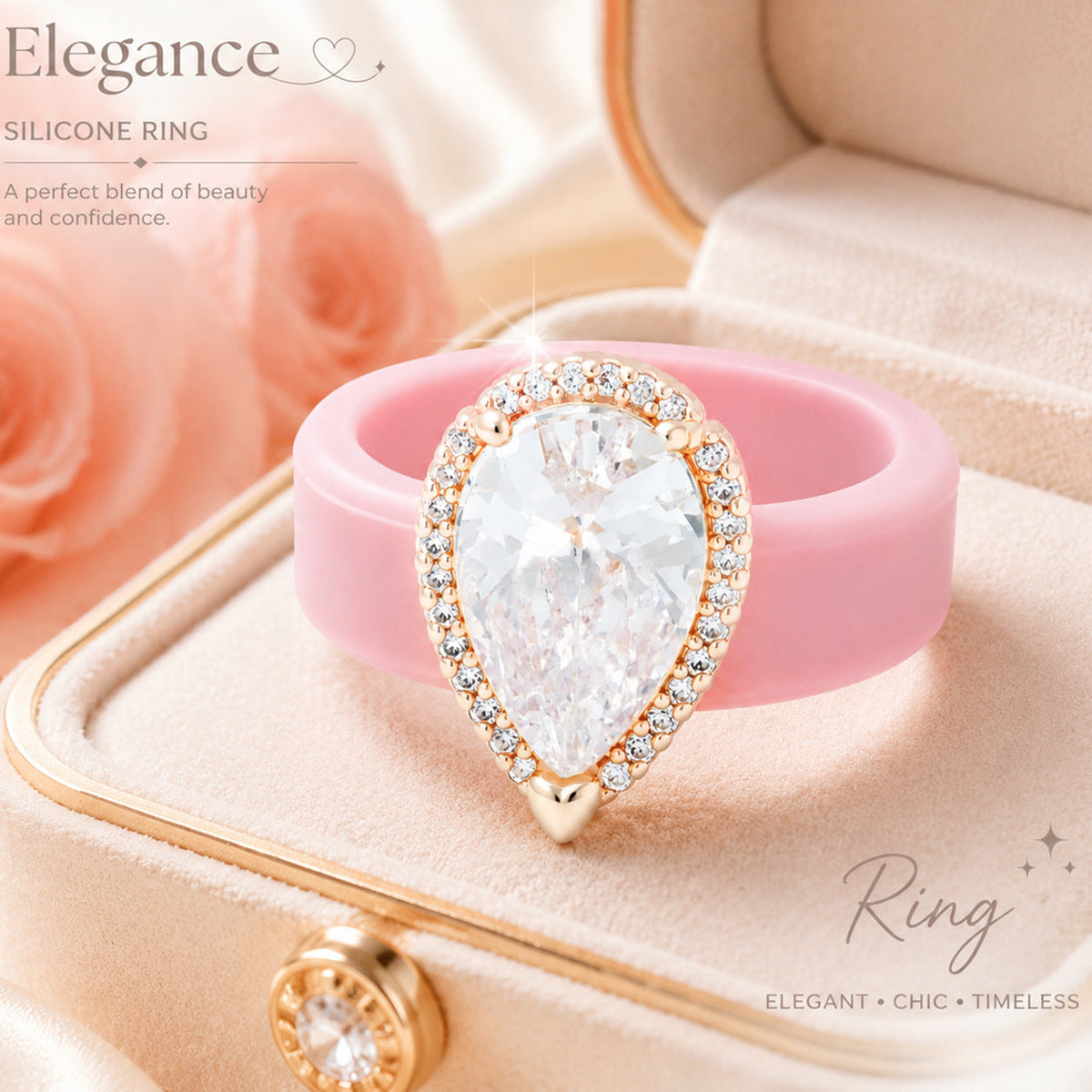 Silicone-inlaid Water-drop-shaped Zircon Ring