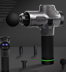 Carbon fiber electric muscle massage gun with interchangeable attachment heads and LCD screen display for muscle recovery.