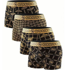 4-Pieces: Men's Luxury Black Golden Print Mid-Waist Boxer Brief