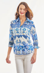 3/4 Sleeve Ikat With Elephant Print Blues And White