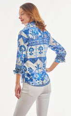 3/4 Sleeve Ikat With Elephant Print Blues And White