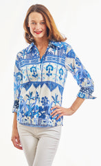 3/4 Sleeve Ikat With Elephant Print Blues And White