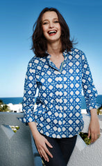 3/4 Sleeve Rome Shirt Navy White Voile Wicker Print