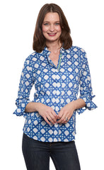 3/4 Sleeve Rome Shirt Navy White Voile Wicker Print
