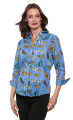 3/4 Sleeve Rome Shirt Blue Ground  Cotton Voile Butterfly Print