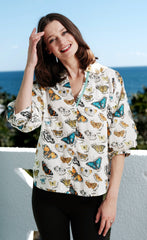 Milano Puff Sleeve Top Butterfly Print Cotton Voile Ivory Ground