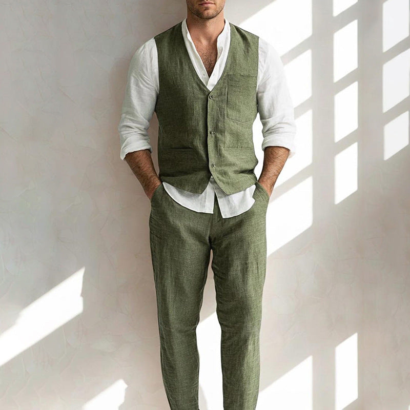 Nouvel ensemble automne-hiver pour homme, gilet-veste rétro à boutons et pantalon décontracté