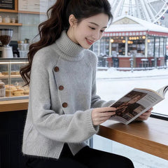 Élégant et superbe pull gris à col roulé et manches longues