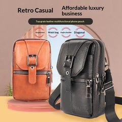 Genuine Leather Belt-Attached Multifunctional Phone Bag Mens Waist Bag