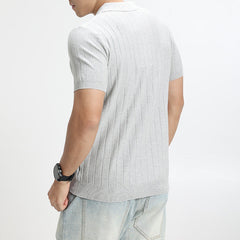 Mens Light-Luxury Rib-Knit Polo Shirt