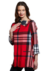 Aspen Cowl Neck Tunic With Fringe And Button Neck In Red Yarndyed Flannel Plaid