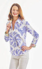 Cape Cod Top, Blue And White Oversized Paisley Cotton Linen
