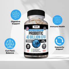 Kaya Naturals probiotic formula with 40 billion CFU capsules, showing the supplement bottle and capsules on a white background.