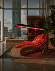 P1 light therapy panel for skin rejuvenation in a luxurious spa setting with a woman relaxing.