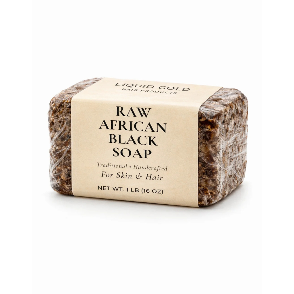 1 lb wrapped block of Liquid Gold raw african black soap with tan label. Handcrafted for acne and healthier skin and hair.