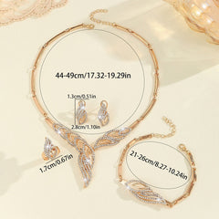 Gold Leaf Diamond-Encrusted Necklace Earrings Ring Bracelet Set
