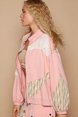 Modern Women Pink Applique Patchwork Zip-Up Jacket Artistic Details And Functional Design