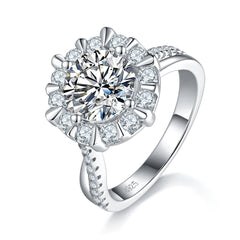 S925 Sterling Silver 2ct Moissanite Ring, 8mm D-VVS1 Sunflower Halo Setting, Platinum Plated 5.3g US Sizes 5-9 GRA Gift Box